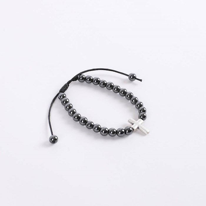 Bracelet-Beaded Hematite w/Cross Charm-Adjustable