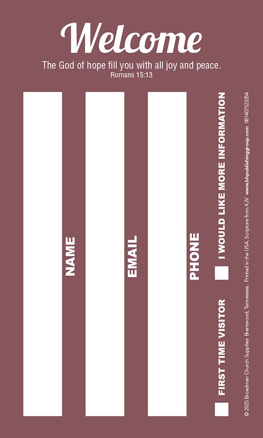 Guest Card-Welcome (Romans 15:13 KJV)-Burgundy (Pack Of 50)