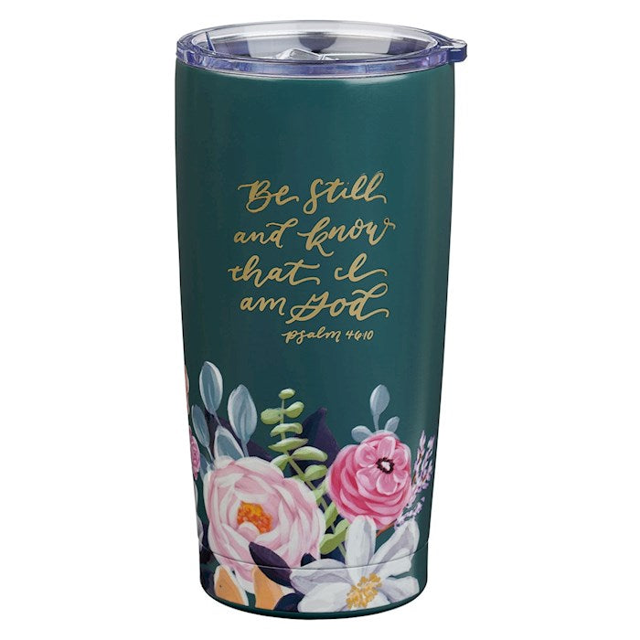 Stainless Steel Tumbler-Be Still Teal Floral-Psalm 46:10
