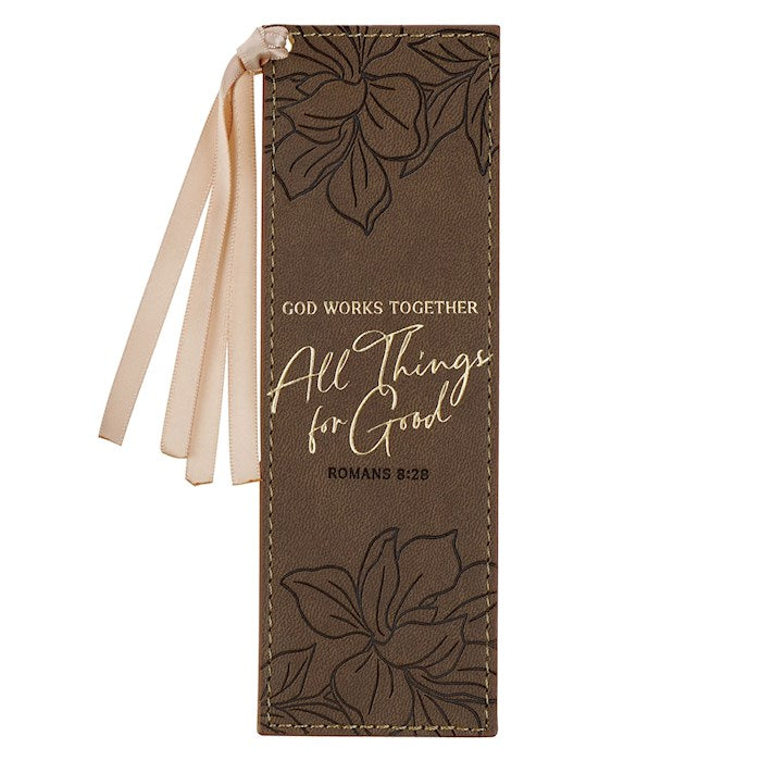 Bookmark-God Works For Good Romans 8:28 Faux Leather Brown