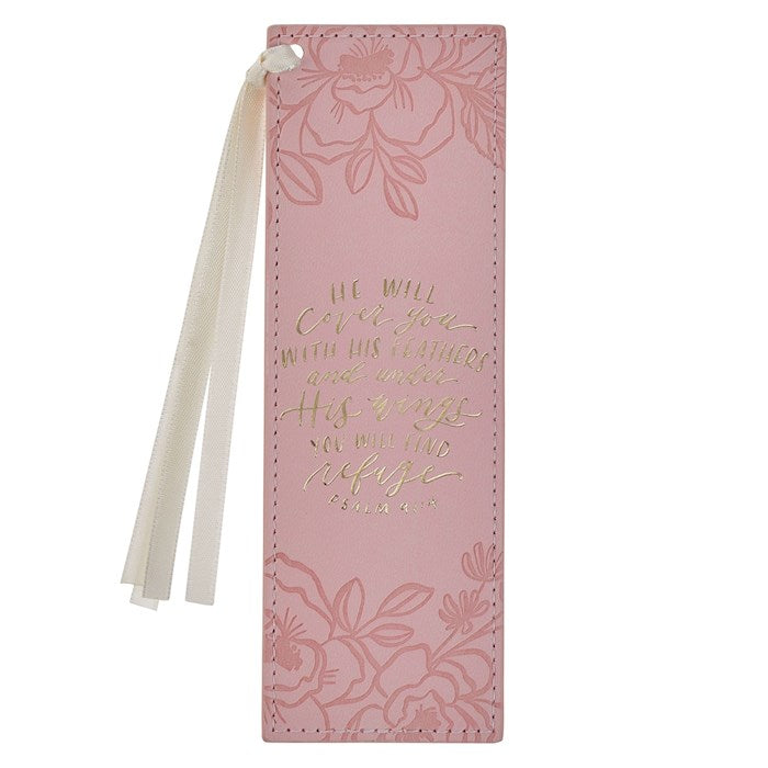 Bookmark-He Will Cover You Ps. 91:4-Faux Leather Pink