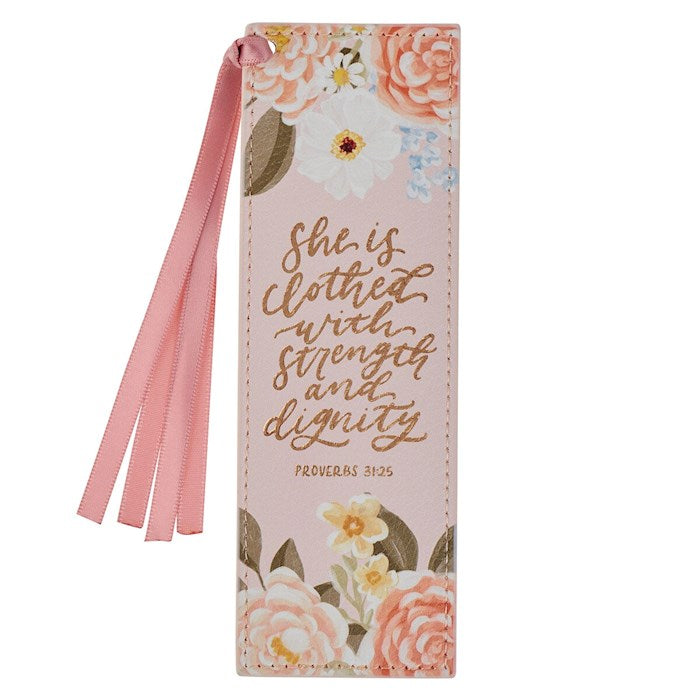 Bookmark-Strength &amp; Dignity Prov. 31:25-Faux Leather Pink