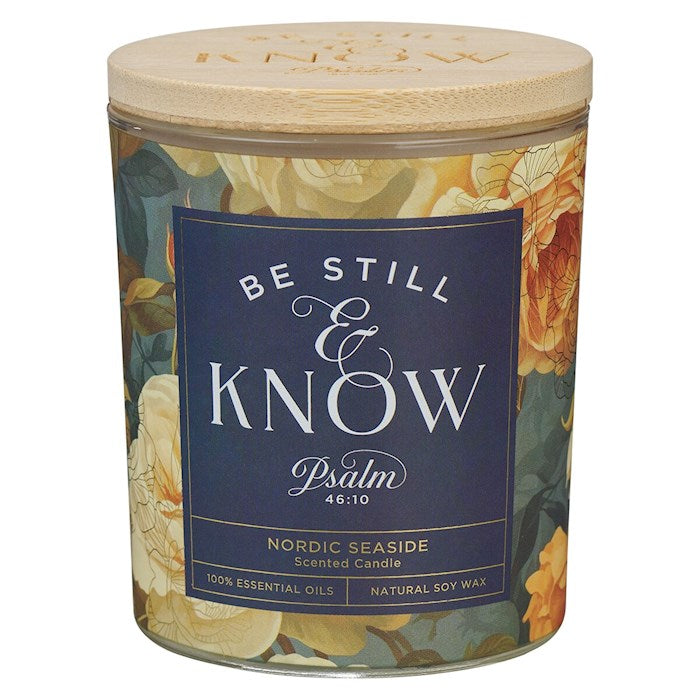 Candle-Be Still &amp; Know/Nordic Seaside Scent In Glass Jar w/Bamboo Lid (Psalm 46:10)