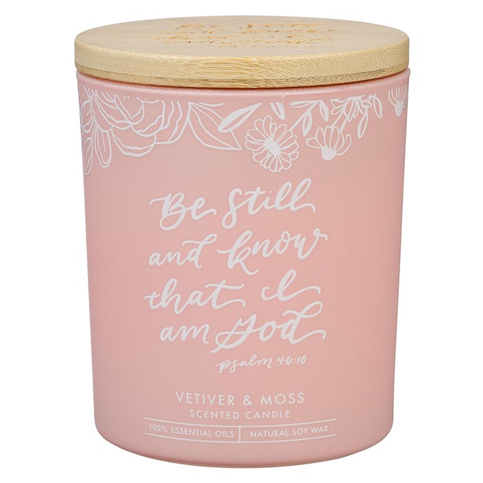 Candle-Be Still &amp; Know-Vetiver &amp; Moss Scent In Glass Jar w/Bamboo Lid (Psalm 46:10)