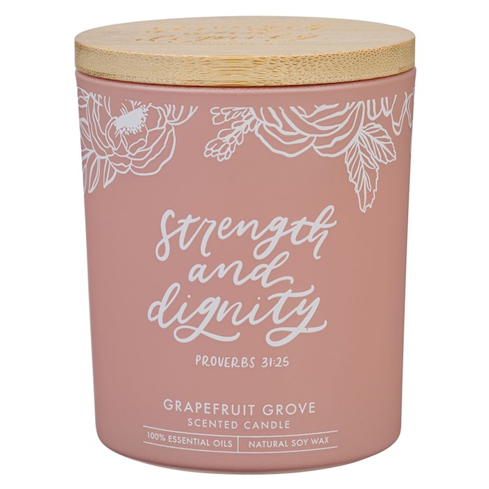 Candle-Strength &amp; Dignity/Grapefruit Grove Scent In Glass Jar w/Bamboo Lid (Proverb 31:25)