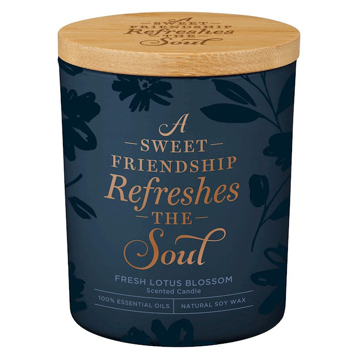 Candle-A Sweet Friendship Refreshes The Soul/Fresh Lotus Blossom Scent In Glass Jar w/Bamboo Lid