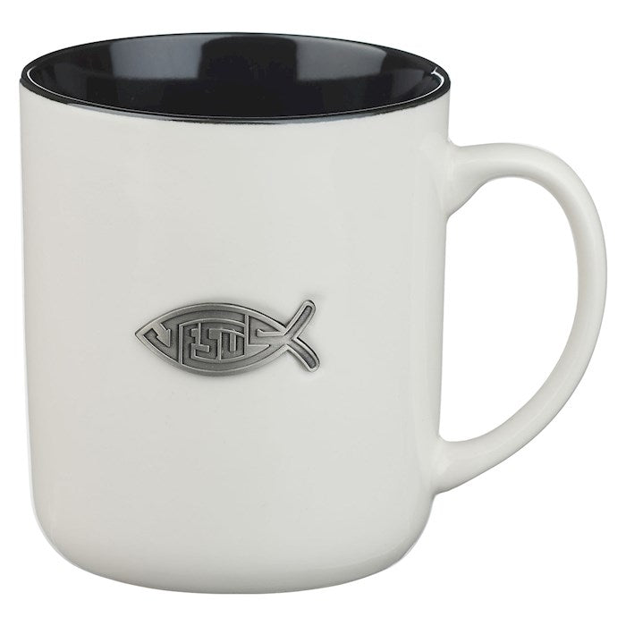 Mug-Jesus Fish Metal Inlay (Matthew 28:19)-White/Black Ceramic