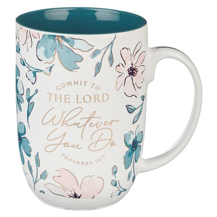 Mug-Commit To The Lord Whatever You Do (Proverbs 16:3)-Teal Floral Ceramic