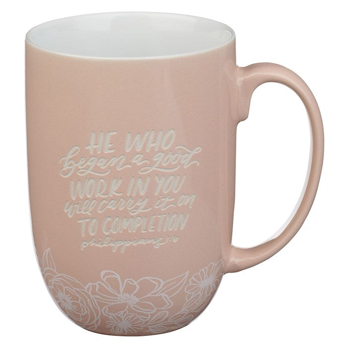 Mug-He Who Began A Good Work In You...(Philippians 1:6)-Pink Floral Ceramic