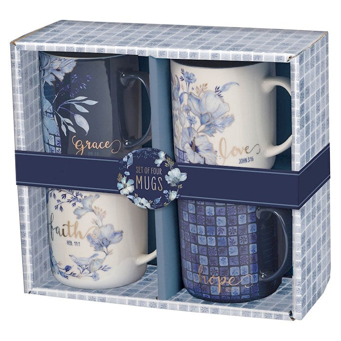 Mug Set-Blue Floral Geometric (Set Of 4)-Ceramic