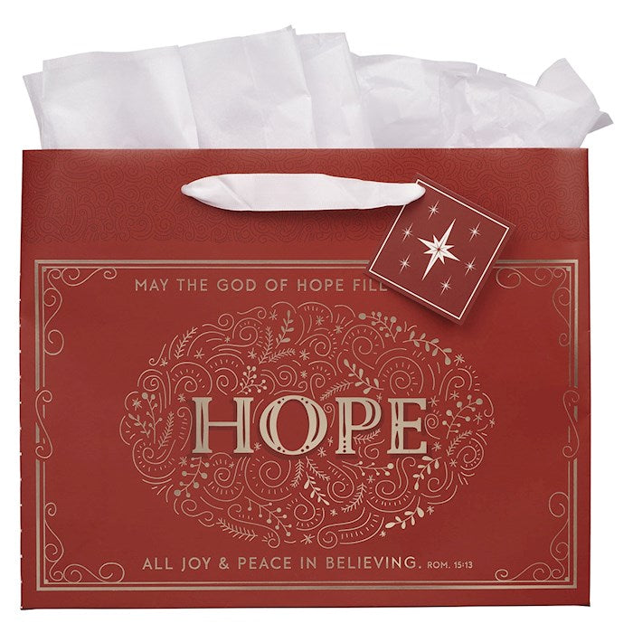 Gift Bag-Hope/Red Filigree Design (Romans 15:13)-Large Landscape