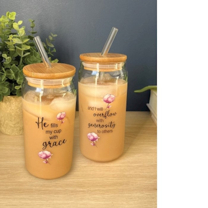 Glass Sipper-He Fills My Cup With Grace w/Straw (24 Oz)