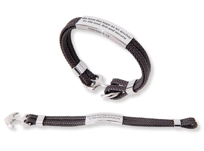 Bracelet-We Have This Hope As An Anchor (Hebrews 6:19)-Stainless Steel &amp; Leather (