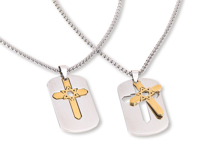 Necklace-Gold-Tone Cross &amp; Sterling Siver Star Of David Dog Tag-Stainless Steel (