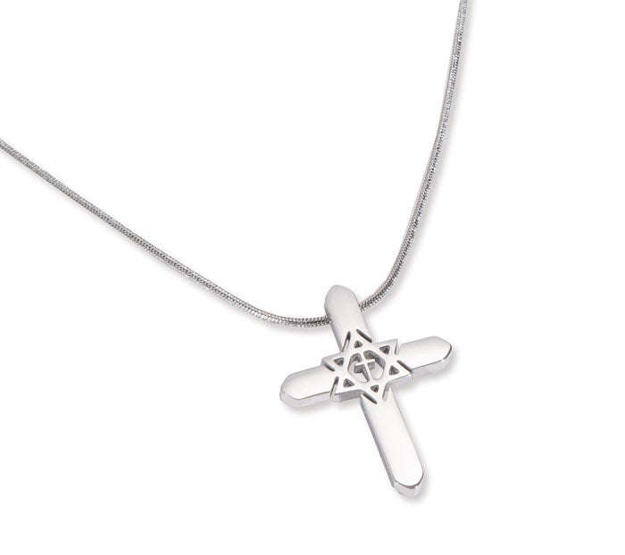 Necklace-Cross &amp; Star Of David-Stainless Steel Silver Plated (