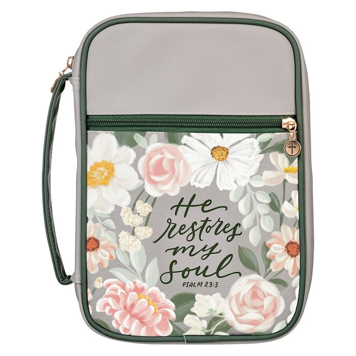 Bible Cover-Fashion-He Restores My Soul Ps. 23:3-Green Floral-MED