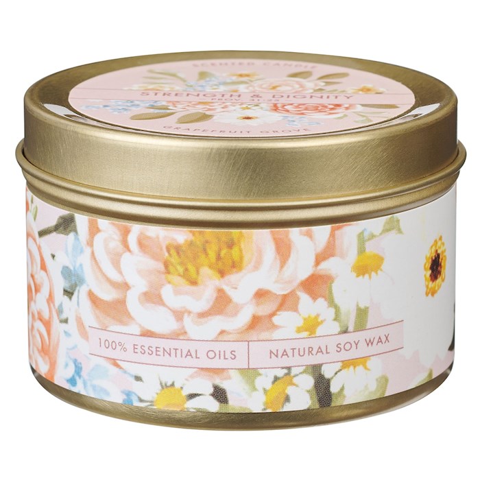 Tin Candle-Strength &amp; Dignity Prov. 31:25-Floral Pink