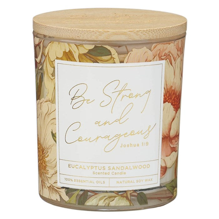 Candle-Strong &amp; Courageous/Eucalyptus Sandalwood Scent In Glass Jar w/Bamboo Lid (Joshua 1:9)