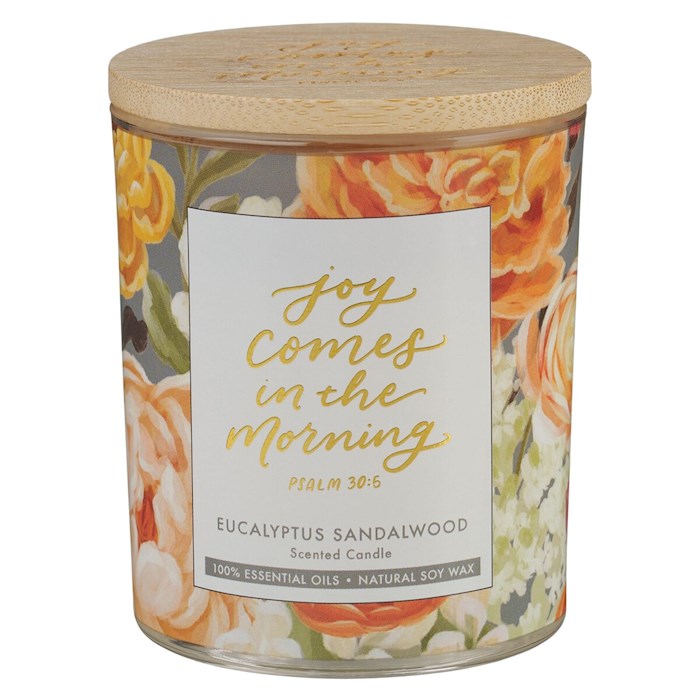 Candle-Joy Comes In The Morning/Eucalyptus Sandalwood Scent In Glass Jar w/Bamboo Lid (Psalm 30:5)