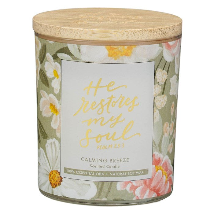 Candle-He Restores My Soul/Calming Breeze Scent In Glass Jar w/Bamboo Lid (Psalm 23:3