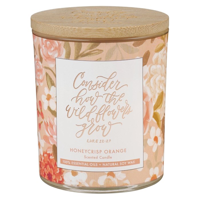 Candle-Consider How The Wildflowers Grow/Honeycrisp Orange Scent In Glass Jar w/Bamboo Lid (Luke 12:27)