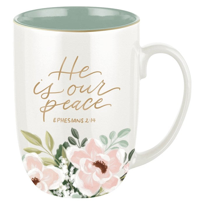 Mug-He Is Our Peace (Ephesians 2:14)-Green Floral Ceramic