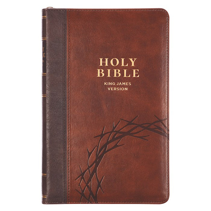 KJV Deluxe Gift Bible-Two Tone Brown Cross Of Thorns Faux Leather  Indexed w/Zipper