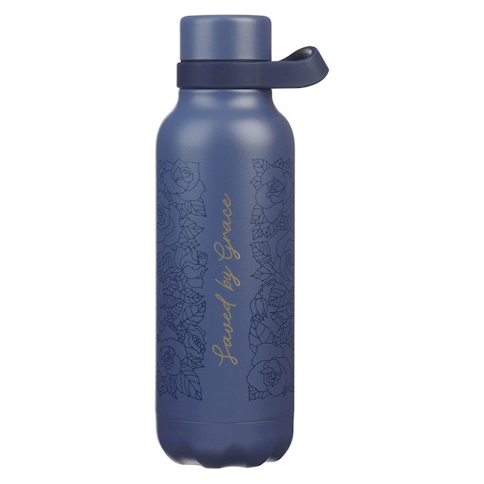 Water Bottle-Saved By Grace-Blue Floral Stainless Steel (24 oz)