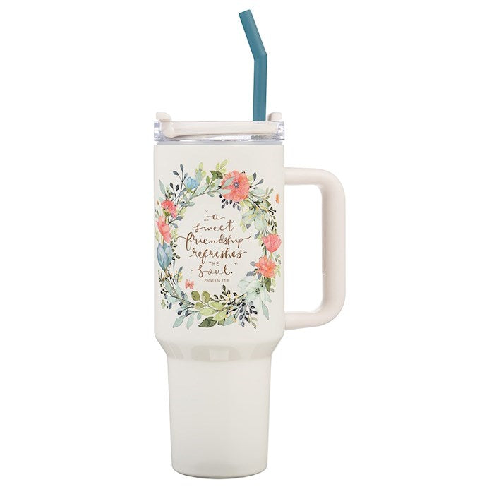 Travel Mug-A Sweet Friendship Refreshes The Soul w/Straw-Stainless Steel (40 oz)