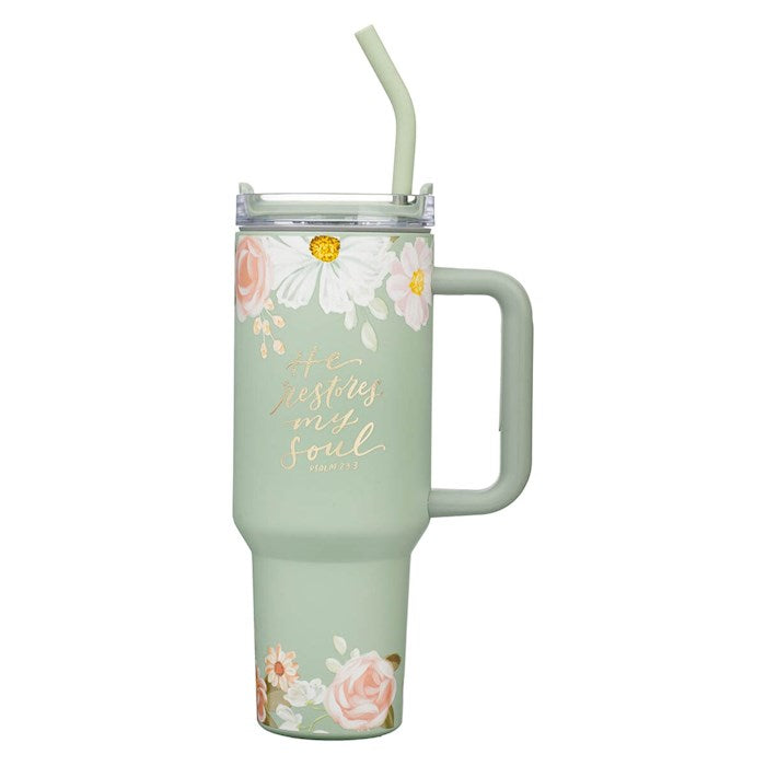 Travel Mug-He Restores My Soul-Green Floral Stainless Steel w/Straw (40 oz)