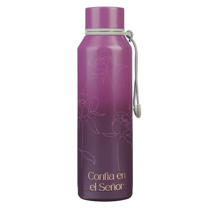 Water Bottle-Confia en el Senor (Trust In The Lord)-Plum Floral Stainless Steel (24 oz)