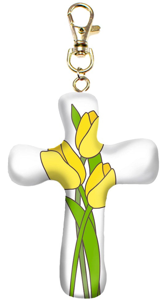Cross-Keychain-Comforting Clay-Yellow Tulips (3&quot; H)