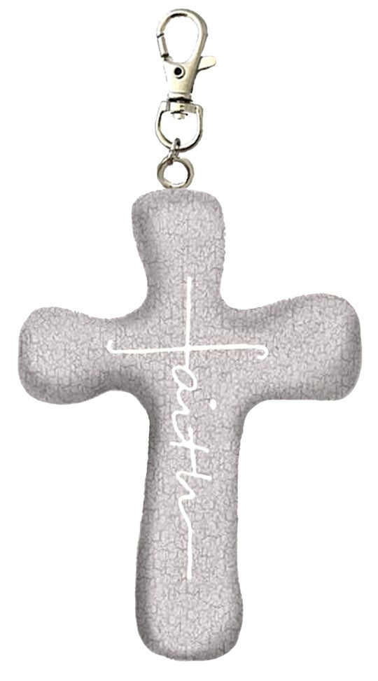 Cross-Keychain-Comforting Clay-Faith-Gray Crackle (3" H)