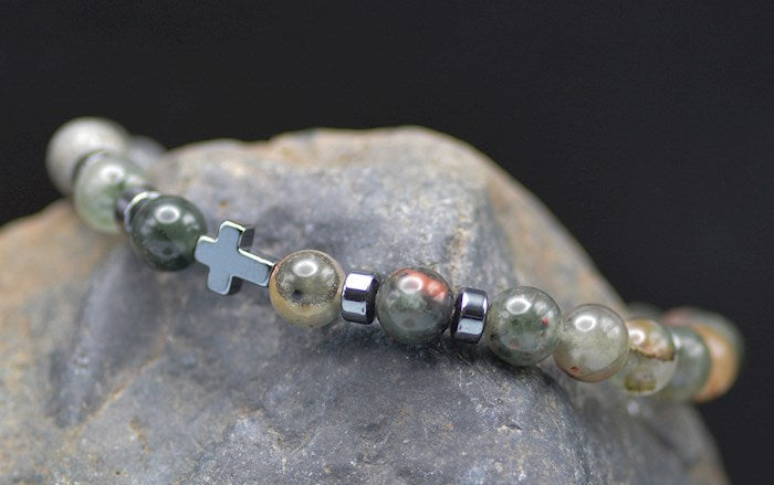 Bracelet-Eden Merry-Beaded-Cross-Bloodstone w/ Prayer Card