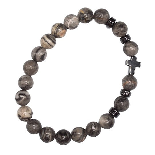 Bracelet-Eden Merry-Beaded-Cross-Greystone w/ Prayer Card