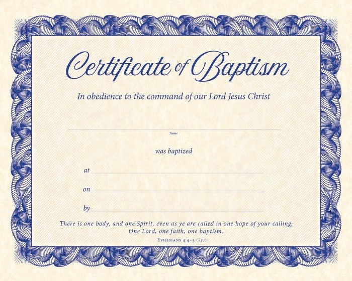 Certificate-Certificate Of Baptism (Ephesians 4:4-5 KJV) (Parchment) (Pack Of 6)