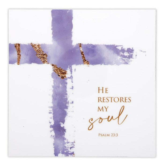 Wall Plaque-He Restores My Soul-Lavender (5&quot; Sq.)
