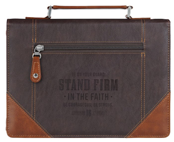 Bible Cover-Stand Firm In The Faith (1 Corinthians 16:13)-Espresso &amp; Honey Brown Classic-Large