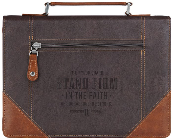 Bible Cover-Stand Firm In The Faith (1 Corinthians 16:13)-Espresso &amp; Honey Brown Classic-Medium