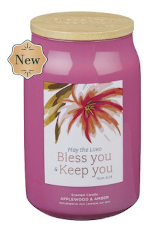 Glass Candle w/Bamboo Lid Bless You &amp; Keep You Num. 6:24