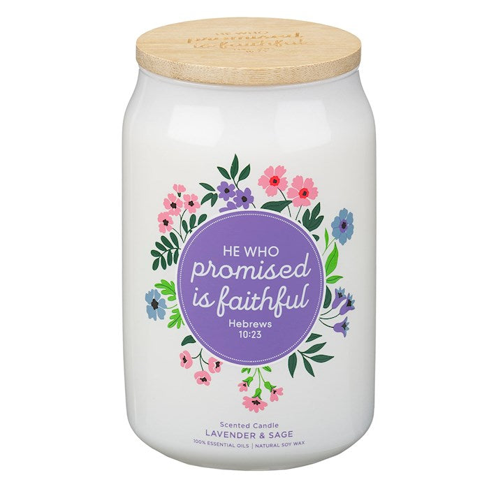 Candle-He Who Promised Is Faithful/Lavender &amp; Sage Scent In Glass Jar w/Bamboo Lid (Hebrew 10:23)