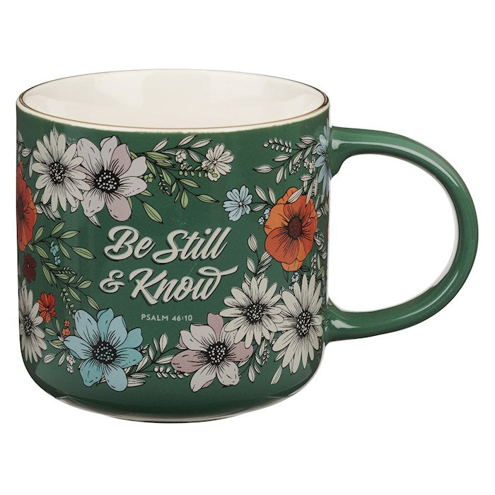 Mug-Be Still &amp; Know (Psalm 46:10)-Teal Botanical Ceramic
