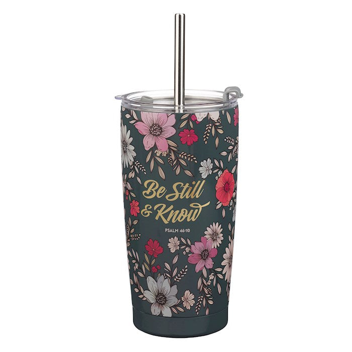 Tumbler-Be Still &amp; Know (Psalm 46:10)-Teal Botanical Stainless Steel w/Straw (18 oz)