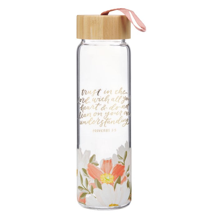 Water Bottle-Trust In The Lord (Proverbs 3:5)-Orange Floral Glass (22 oz)