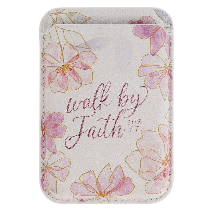 Phone Wallet Magnetic White Floral Walk By Faith 2 Cor. 5:7