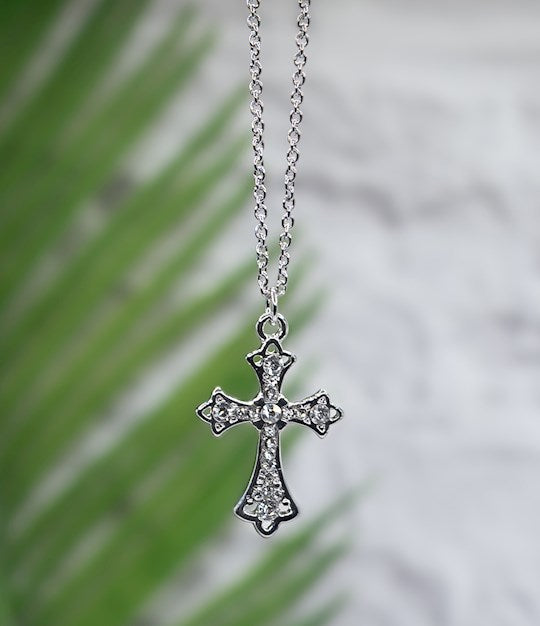 Necklace-Eden Merry-Cross-Crystals-Silver/Clear