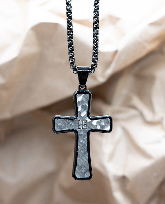 Necklace-Eden Merry-Cross-Textured-Silver