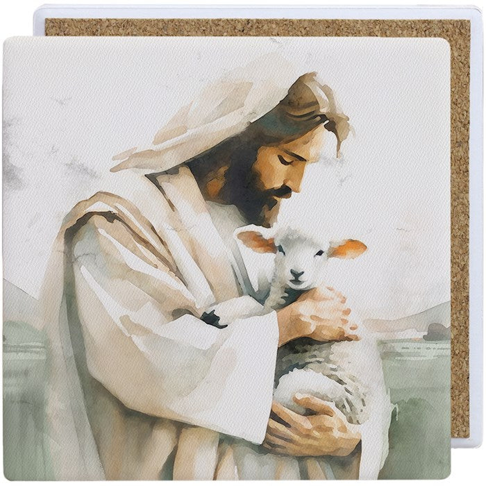 Coaster Square-Ceramic-Jesus Holding Lamb (3.75"" x 3.75"")