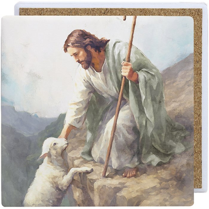 Coaster Square-Ceramic-Jesus Lamb On Cliff (3.75" X 3.75")