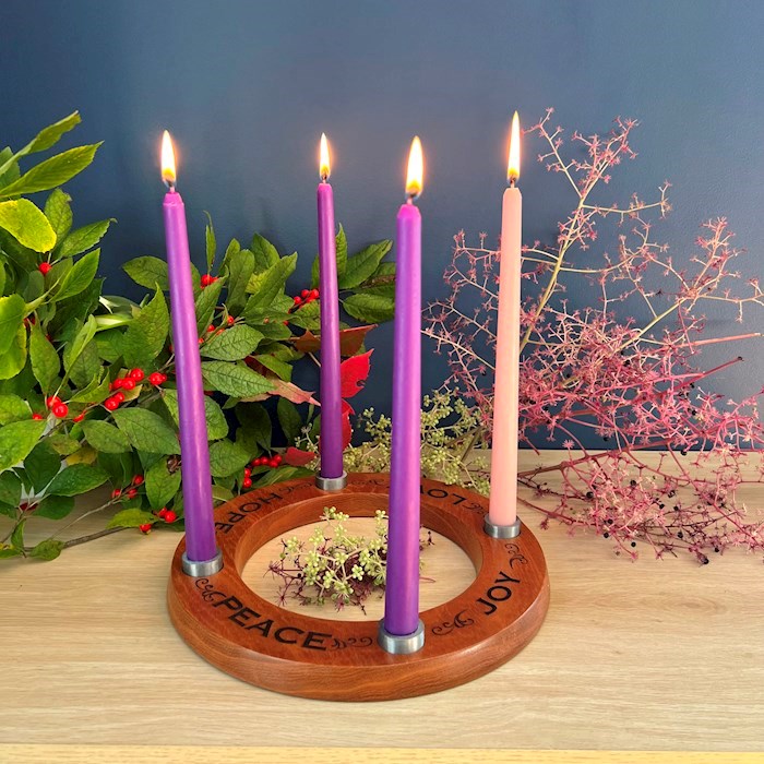 Advent Wreath-Joy Peace Love Hope w/4 Candles (10-1/4")-Cedar